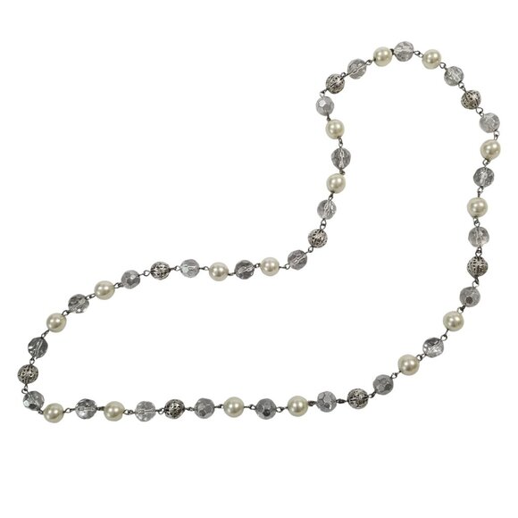 Crystals and Faux Pearls Rope Necklace with Silver Filigree Beads - Picture 4 of 9